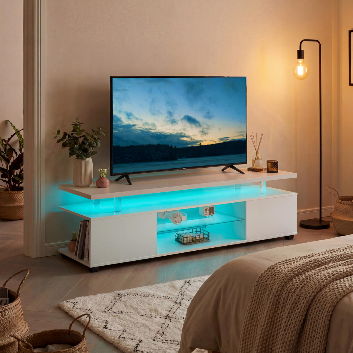 LOWBOARD DE-40487 LED mit seitlichem Schrank Weiß - Weiß, Holzwerkstoff (130/48/40cm) - ComfortXL