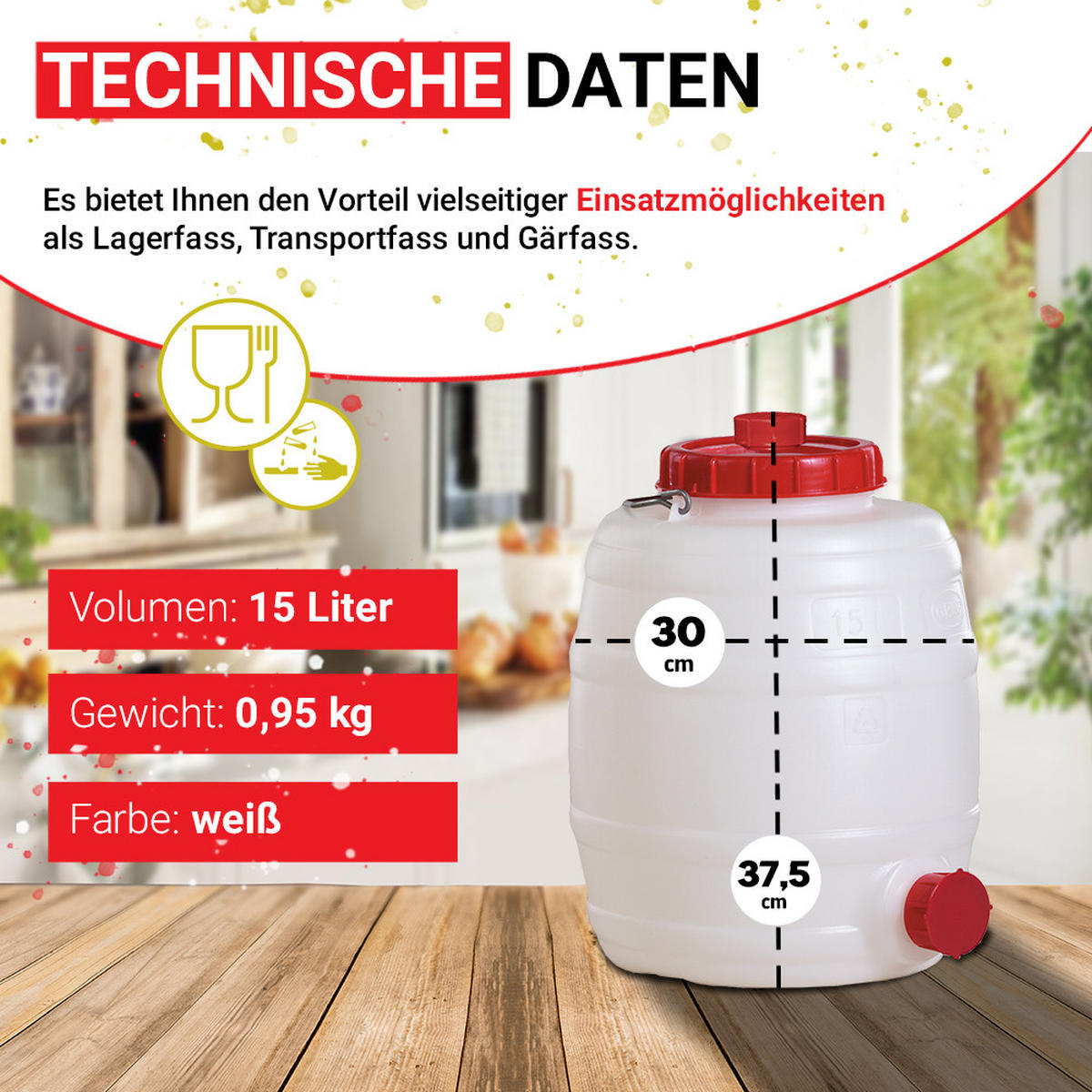 UNIVERSAL-FASS 15 L rund aus lebensmittelechten PE - Weiß, Kunststoff (30/34/30cm) - GRAF
