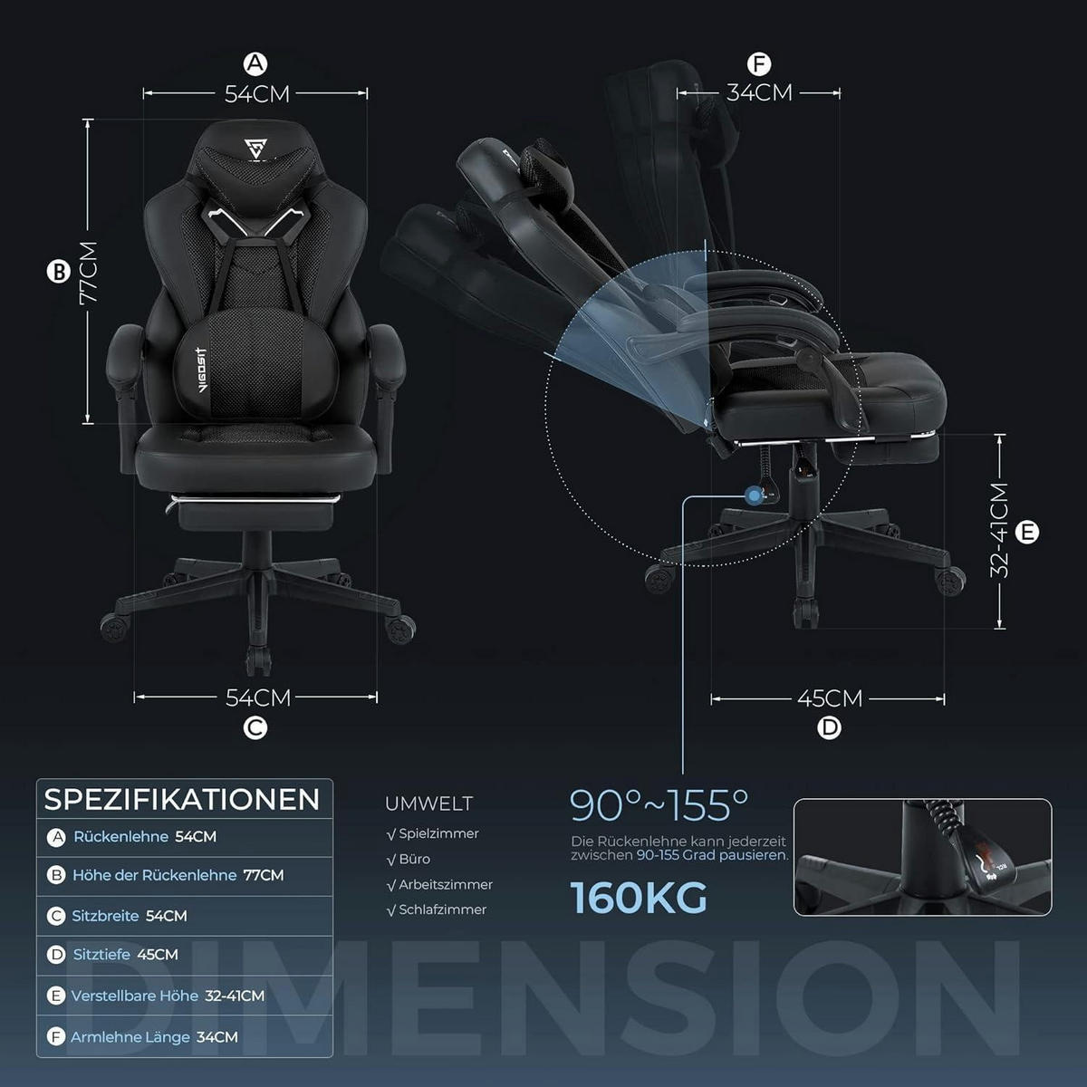 GAMING Stuhl PRO mit Fußstütze und Nackenkissen Schwarz - Schwarz, Kunststoff (54/109/45cm)