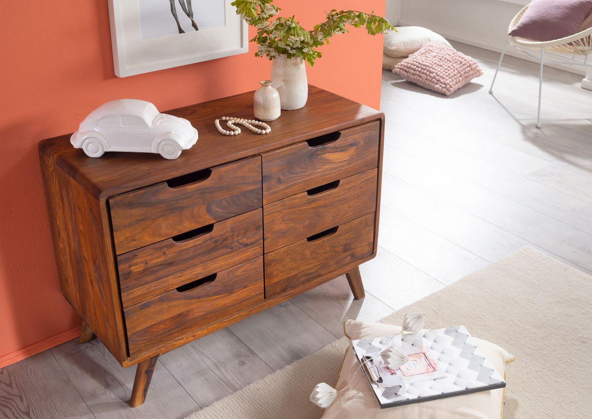 KOMMODE Sheesham 90x40x65 walnuss gewachst MALMÖ 2 #105 - Dunkelbraun, Holz (90/65/40cm) - Massivmoebel24