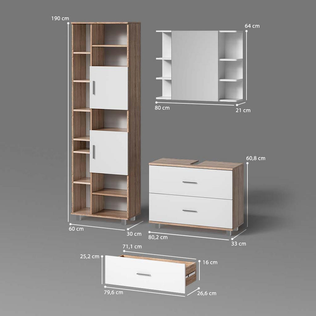 Thumbnail - Livinity® Badmöbel-Set, Weiß, Sonoma Eiche, Holzwerkstoff, 8 Fächer, 5 Schubladen, Rechteckig, 80x60x33 cm, Badezimmer, ...
