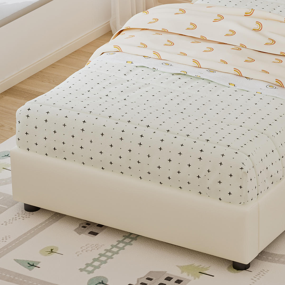 POLSTERBETT 90/200 cm Beige mit Keksförmigem Kopfteil aus PU und Eisen - Beige, Holzwerkstoff (90/200cm) - OKWISH