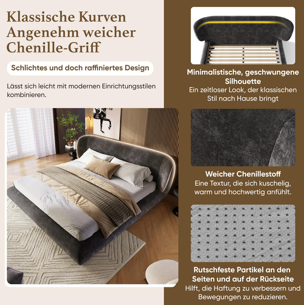 POLSTERBETT aus Chenille 160x200 cm Grau mit Lattenrost und gepolstertem Kopfteil - Grau, Textil (160/200cm) - Modfu