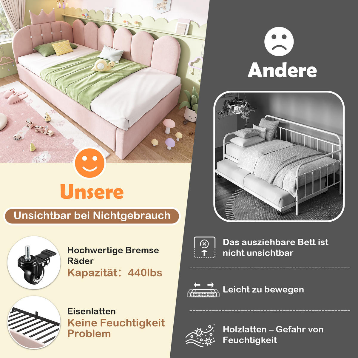 POLSTERBETT 90/200 cm Rosa mit Ausziehbett 90/190 cm, ohne Matratze - Rosa, Textil (90/200cm) - Oxeza