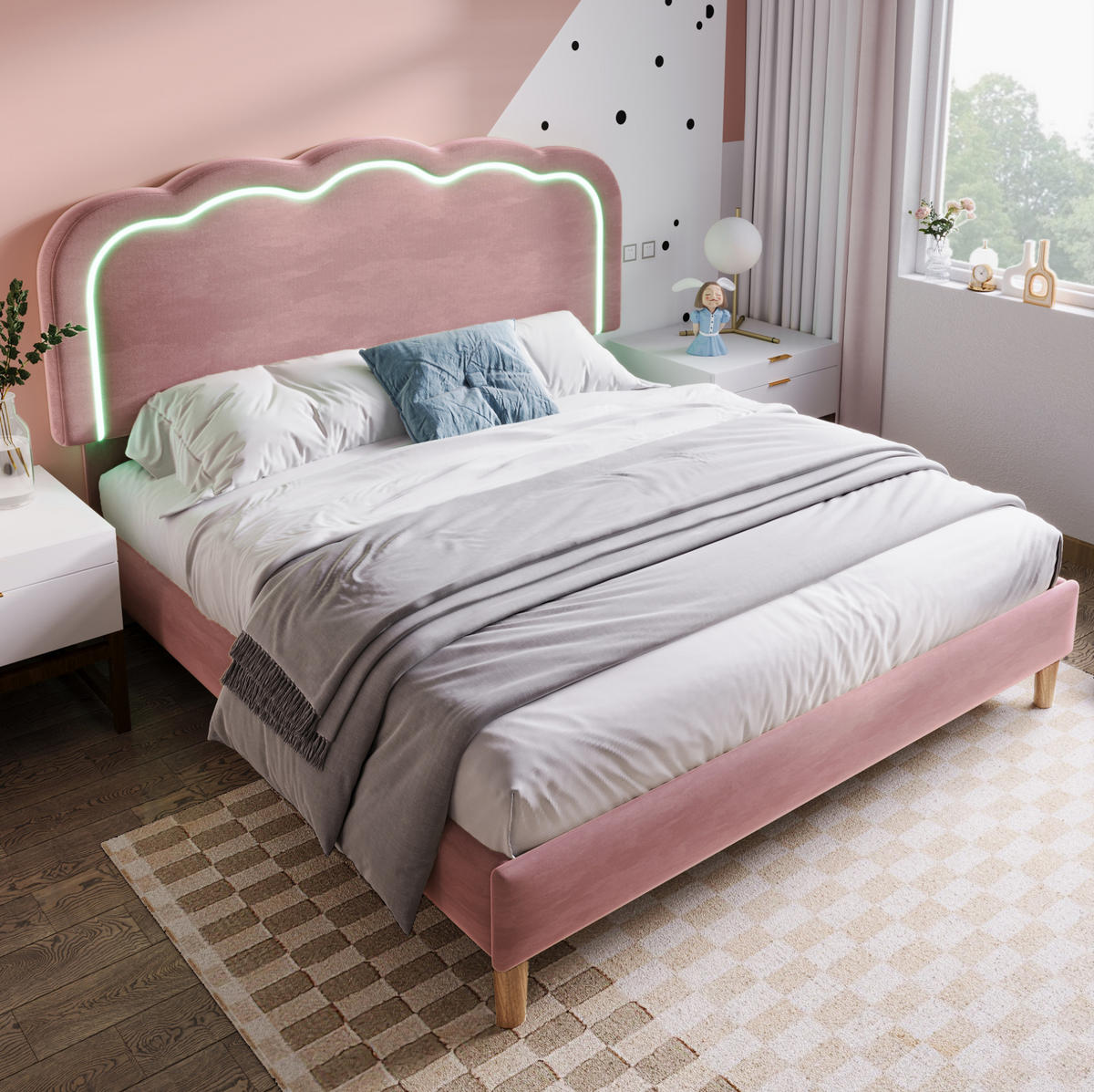SAMT-POLSTERBETT 140/200 cm in Rosa mit LED-Beleuchtung & verstellbarem Kopfteil - Pink, Textil (140/200cm) - BEAOK