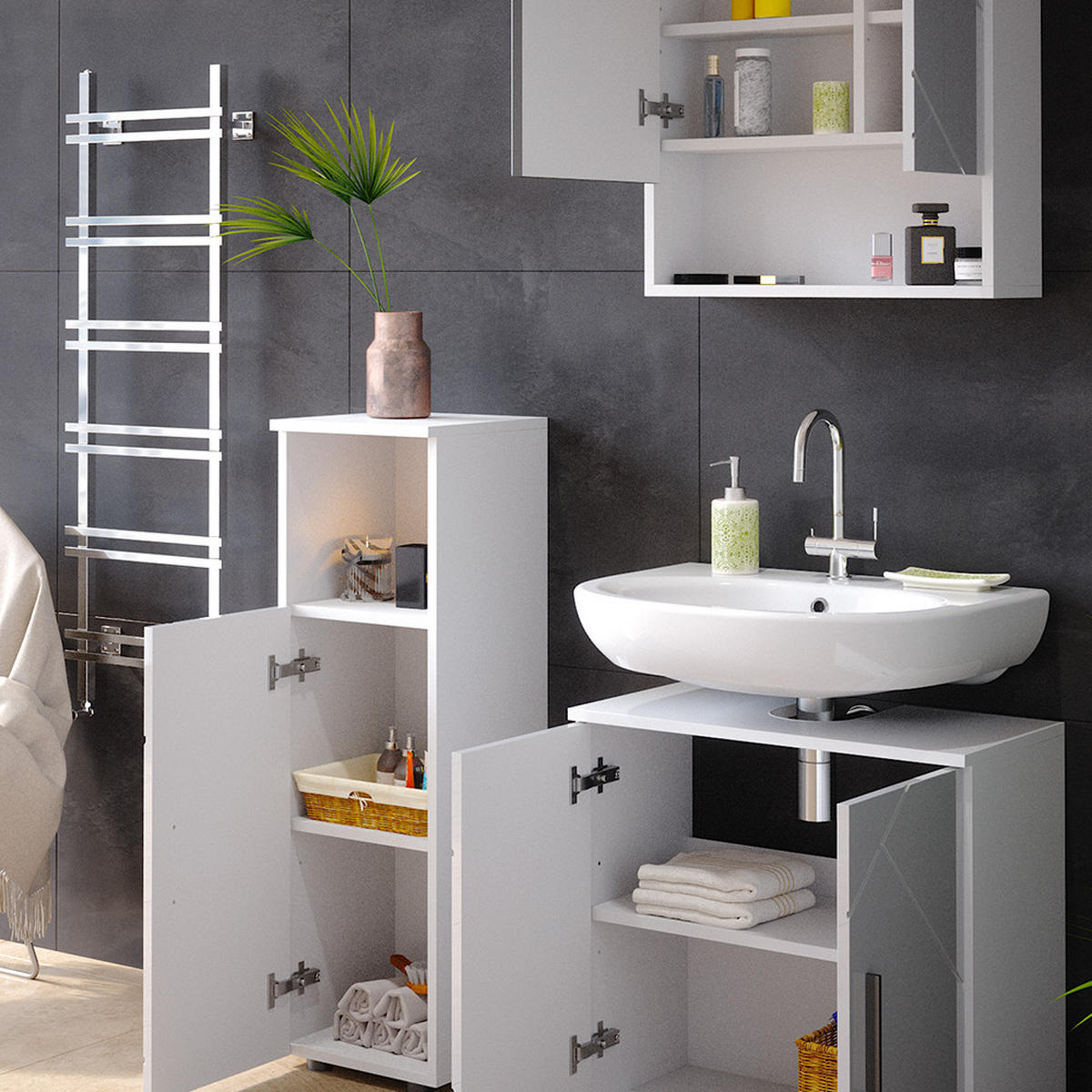 BADMÖBEL-SET Ronco Weiß Hochglanz 3 Teile - Weiß Hochglanz/Weiß, Holzwerkstoff (60/192/30cm) - Livinity®