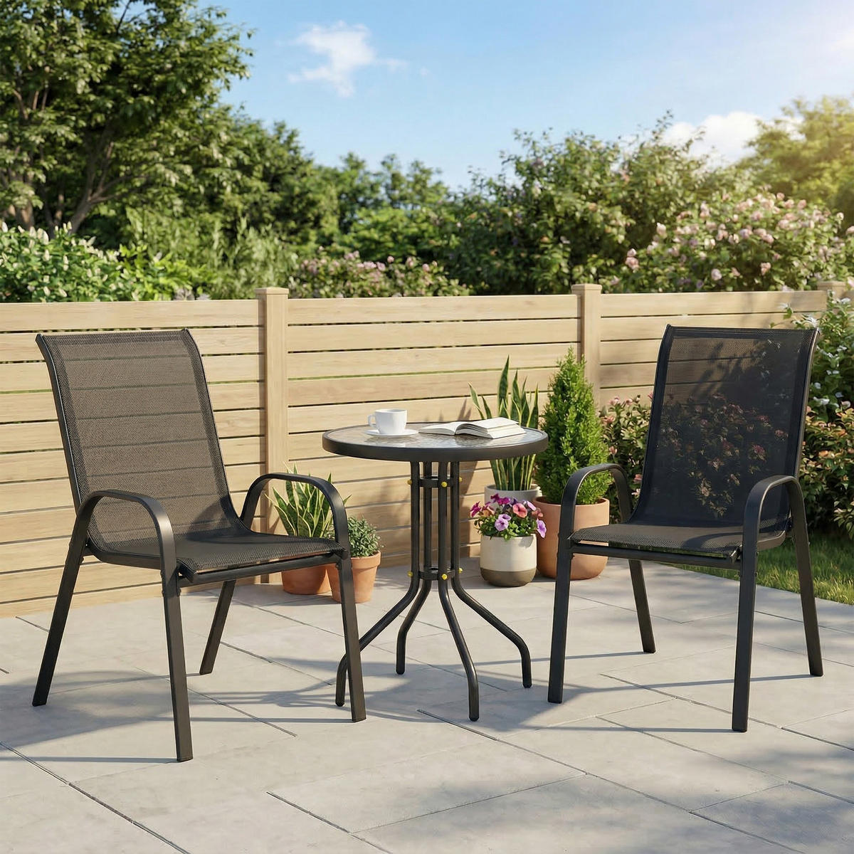 BISTRO-SET DE-07321 3-teilig, mit Glastisch und stapelbaren Stühlen Schwarz - Schwarz, Glas/Metall - ComfortXL