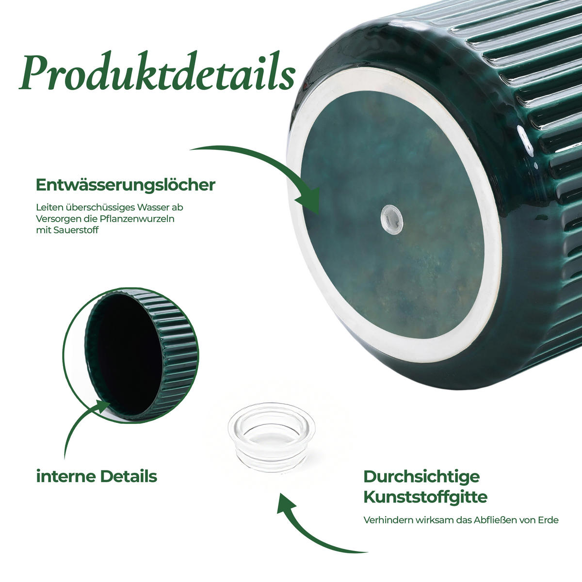 BLUMENTOPF Keramik Dunkelgrün Grün und Weiß Ø35.5xH33 cm - Grün, Keramik (33.5cm)