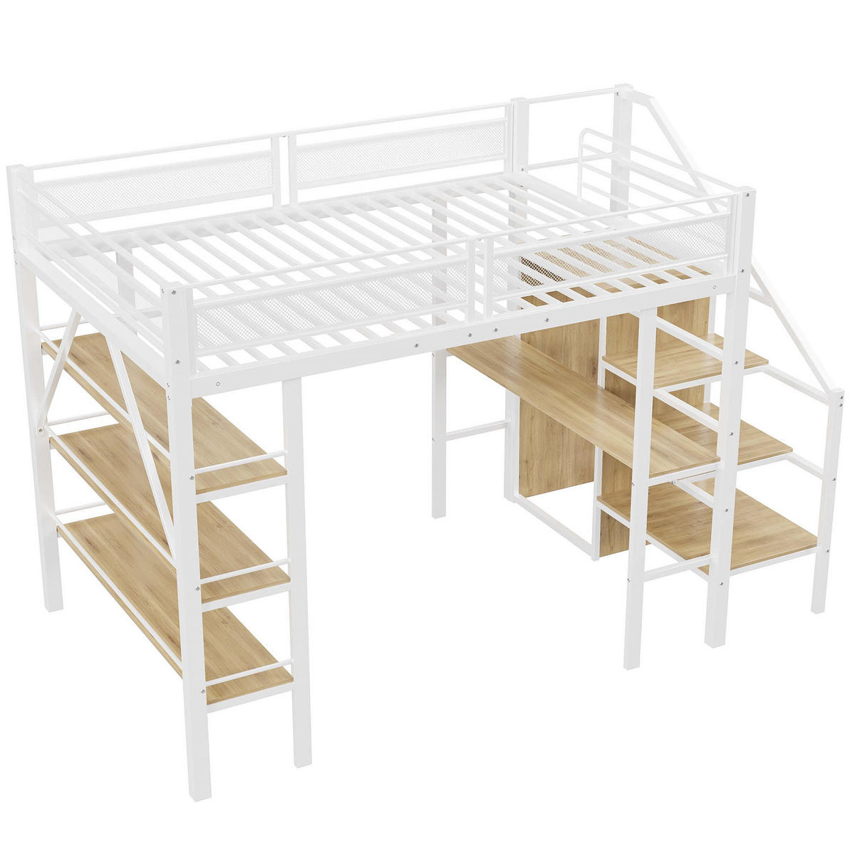 HOCHBETT 140/200 cm Weiß mit Schreibtisch und Dreilagigem Ablageregal aus Metall - Weiß, Metall (140/200cm) - OKWISH