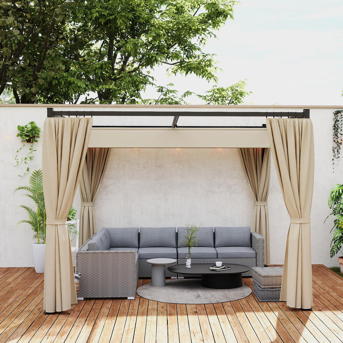 PERGOLA 3 x 3 m Freistehend Terrassenüberdachung mit Schiebedach, 4 Seitenwände UV-beständig Beige - Beige, Metall (300/227/300cm)