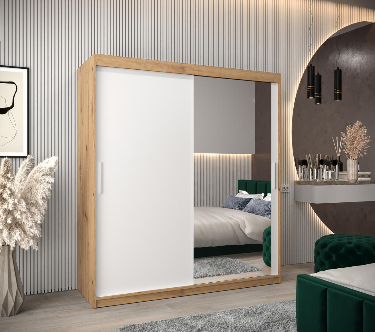 SCHWEBETÜRENSCHRANK 200/180/62 2-türig - Silberfarben/Weiß, Holz/Kunststoff (180/200/62cm) - Abiks Möbel