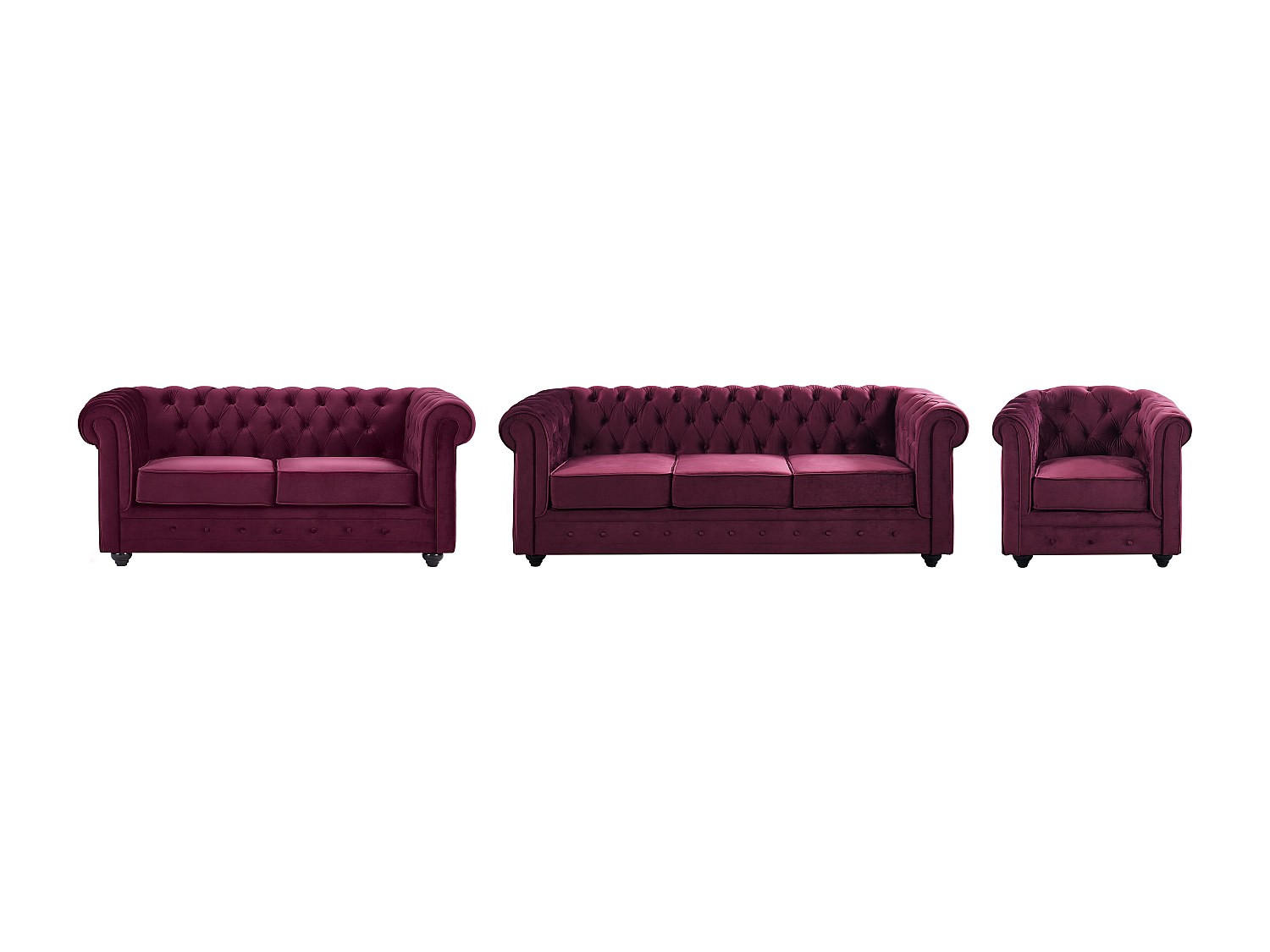COUCHGARNITUR mit Sessel - 6 Personen - samt - bordeaux Chesterfield - Bordeaux, Textil (165/72/78cm) - Vente-Unique