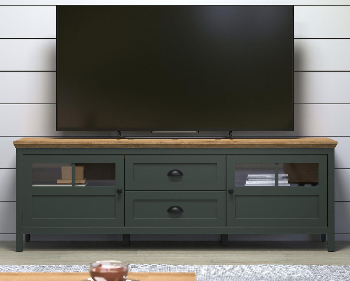 TV-LOWBOARD grün, Evoke Eiche Landhaus 184 x 64 cm, TV Unterteil inklusive LED Beleuchtung - Eichefarben/Schwarz, Holzwerkstoff/Kunststoff (184/64/45cm) - Top.Furn