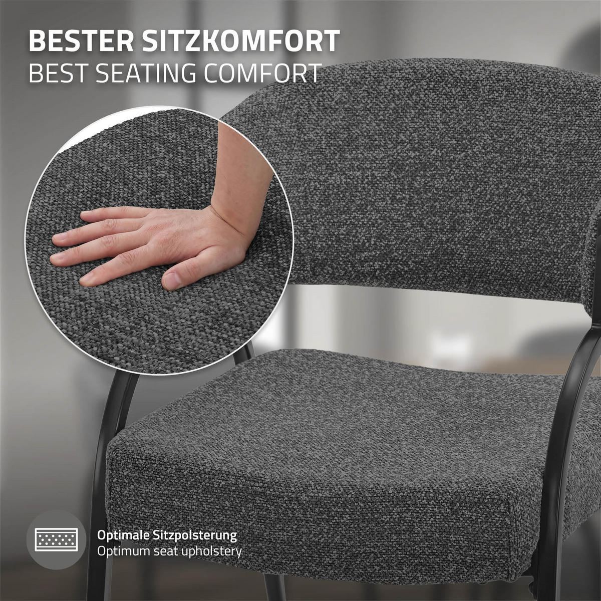 ESSZIMMERSTUHL 2er Set Küchenstühle gepolstert mit Webstoff-Bezug und Arm- und Rückenlehne Anthrazit - Anthrazit/Schwarz, Textil/Metall (54/81/65cm) - ML-DESIGN