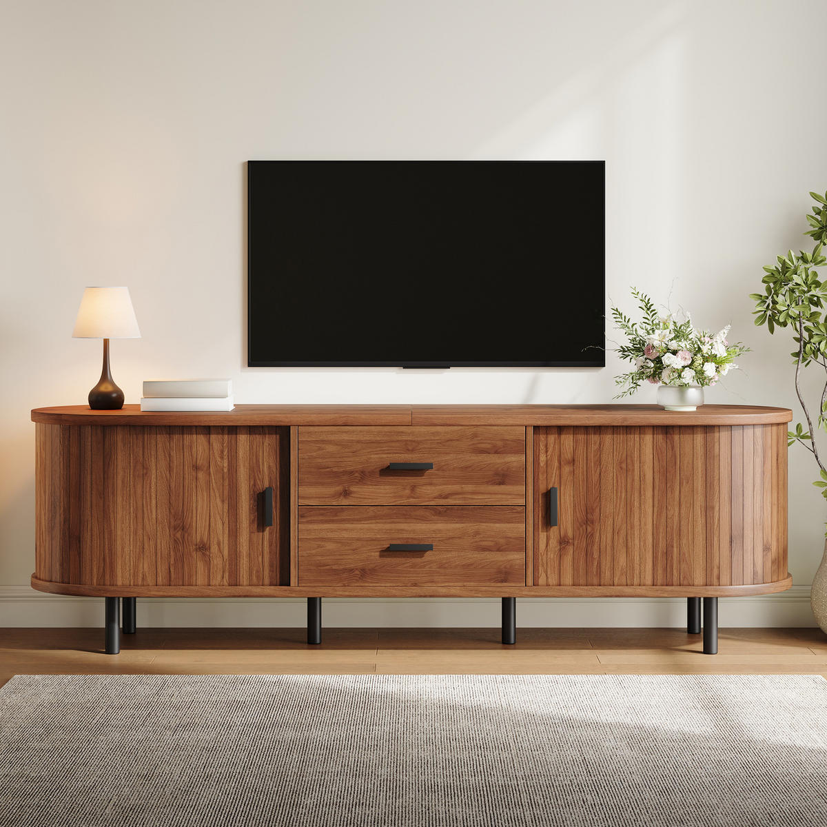 TV-LOWBOARD 160 x 40 x 55 cm aus MDF, Schiebetüren, 2 Schubladen, Metallfüße, Walnuss - Walnussfarben, Holzwerkstoff (160/55/40cm)