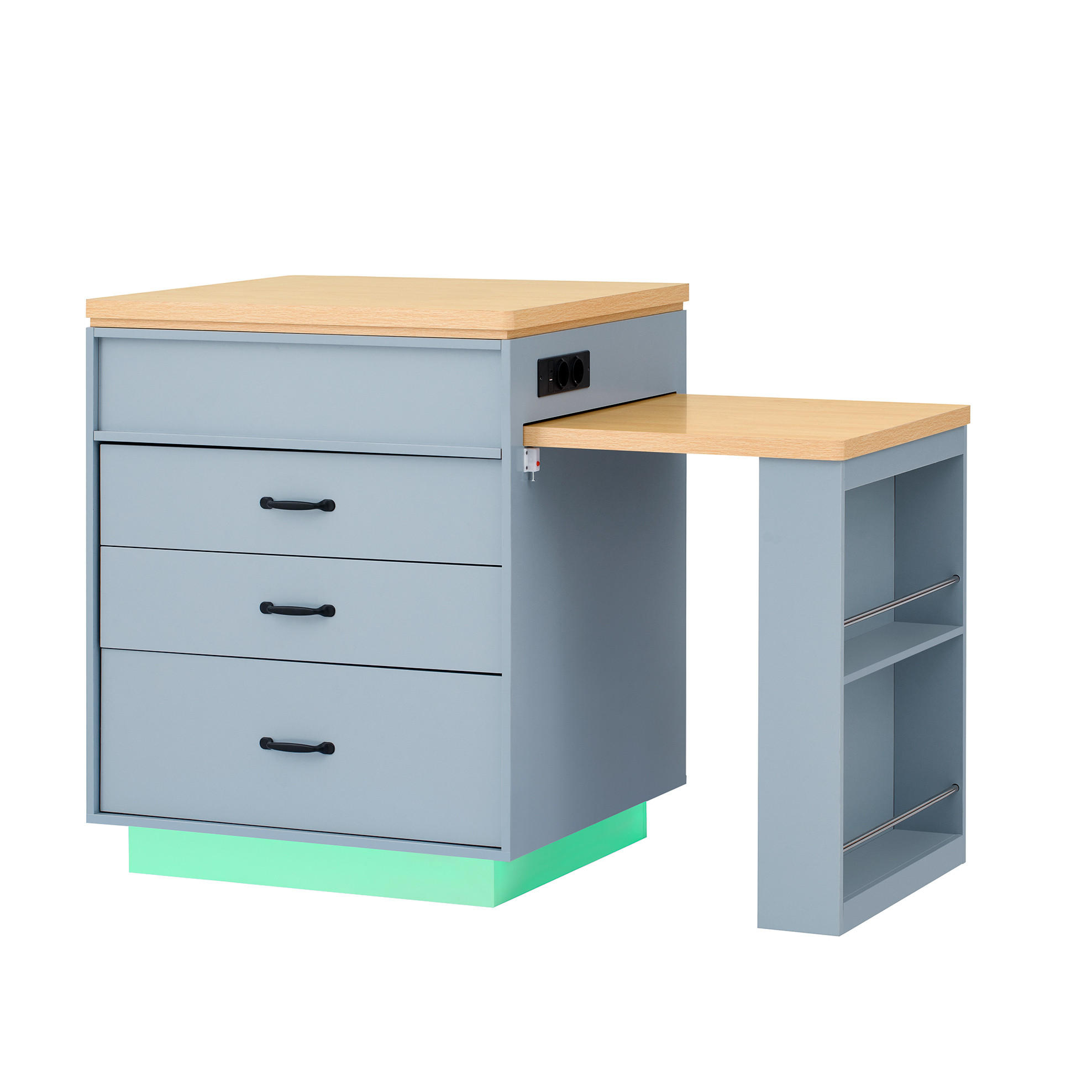 Modenvie KUCHYŇSKÝ ostrůvek z MDF, 125,5–187,5/71/93 cm, modrý, výsuvný s LED a USB-C