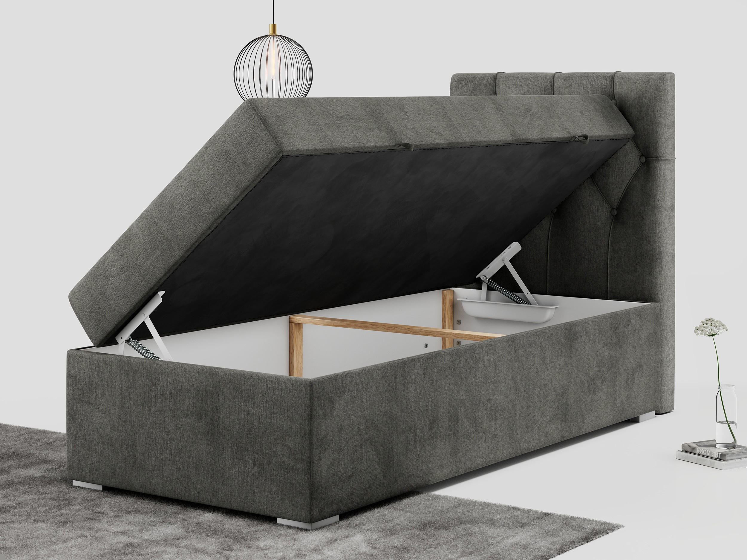 Thumbnail - MKS Boxbett, Dunkelgrau, Textil, 1-Sitzer, H3, Rechteckig, 90x200 cm, Schlafzimmer, Betten, Boxspringbetten