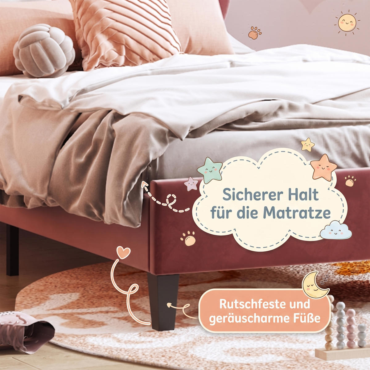 KINDERBETT 90x200 mit Lattenrost, Blütenblatt-Kopfteil, höhenverstellbar, Weinrot - Weinrot, Holz/Textil (90/200cm) - GENKI LIVING