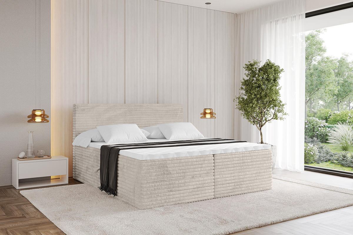 BOXBETT mit Matratze H4 und Lattenrost - TOLO-v1 - 200x200 Cord - Creme - Creme, Holzwerkstoff (200/200cm)