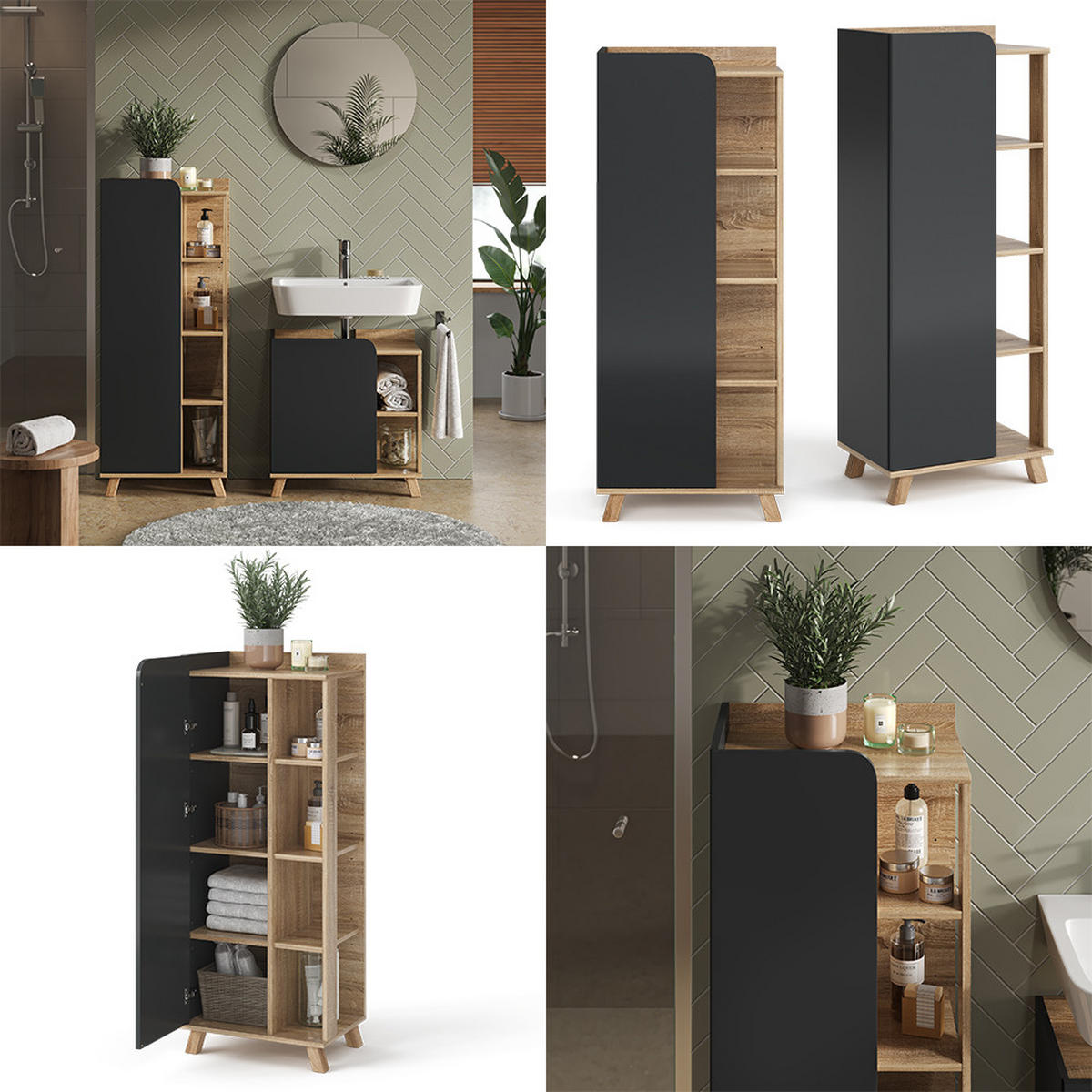 MIDISCHRANK Karen Anthrazit 50 x 128 cm mit Tür und offenen Fächern - Anthrazit/Sonoma Eiche, Holzwerkstoff (50/128/35cm) - Vicco