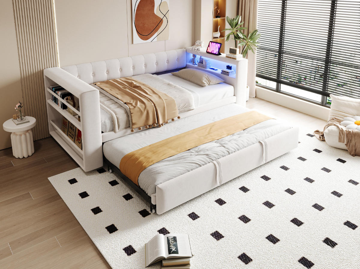POLSTERBETT 90/180/190 cm Beige aus Flannelette mit LED-Beleuchtung und Steckdosen - Beige, Textil (90/200cm) - OKMYHOME