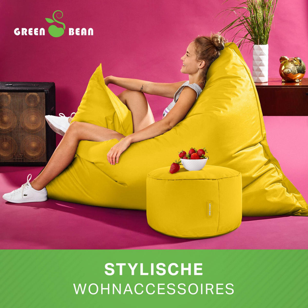 XXL-SITZSACK + Pouf 2er Set - 140x180cm - Gelb, Textil (140/25/180cm) - Green Bean