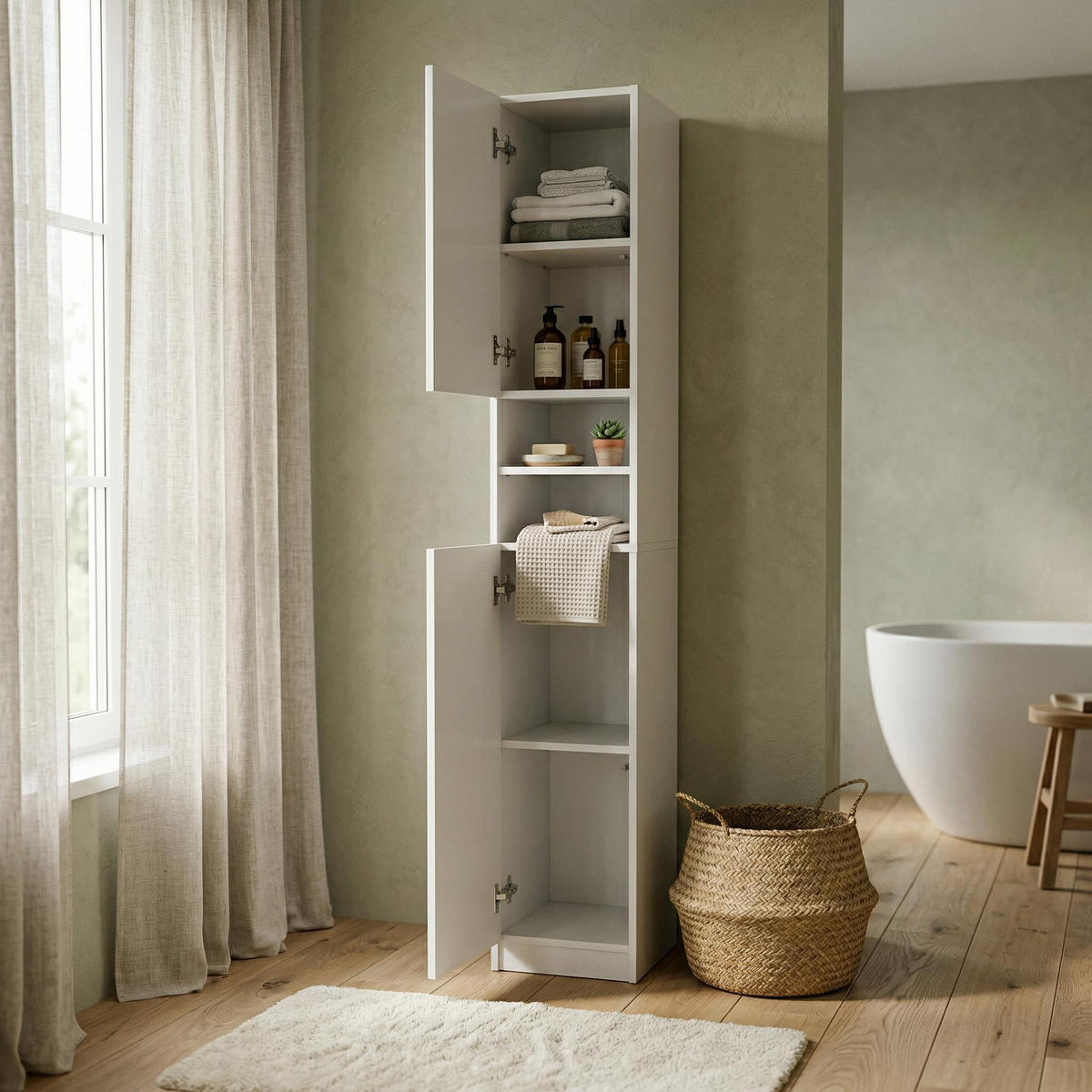 BADEZIMMERSCHRANK mit 2 Türen 30 cm Weiß 180x30x31 cm - Weiß, Holzwerkstoff (30/180/50cm) - Mobelsta