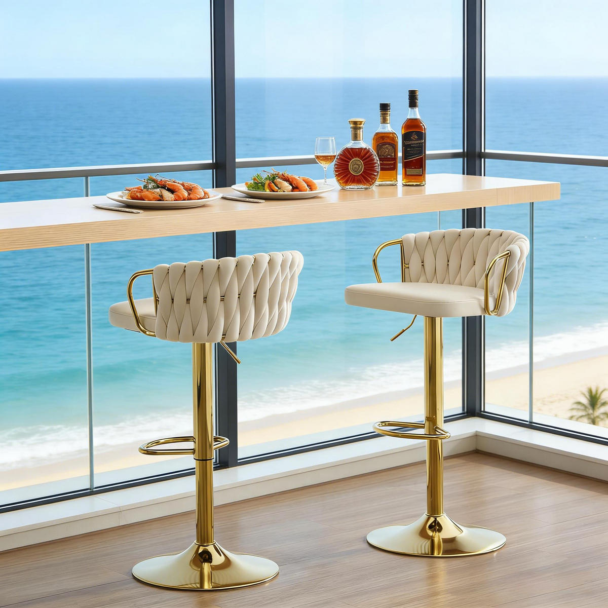 BARHOCKER DE-36090 2er Set drehbar höhenverstellbar mit Samtbezug Cremeweiß - Creme, Metall (49.5/98/50.5cm) - ComfortXL