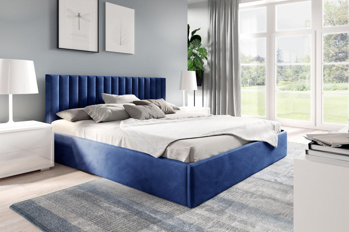 POLSTERBETT Fame Dunkelblau 200x200 cm, mit Bettkasten und Paneel-Kopfteil - Dunkelblau, Holzwerkstoff/Textil (200/200cm) - Bettso