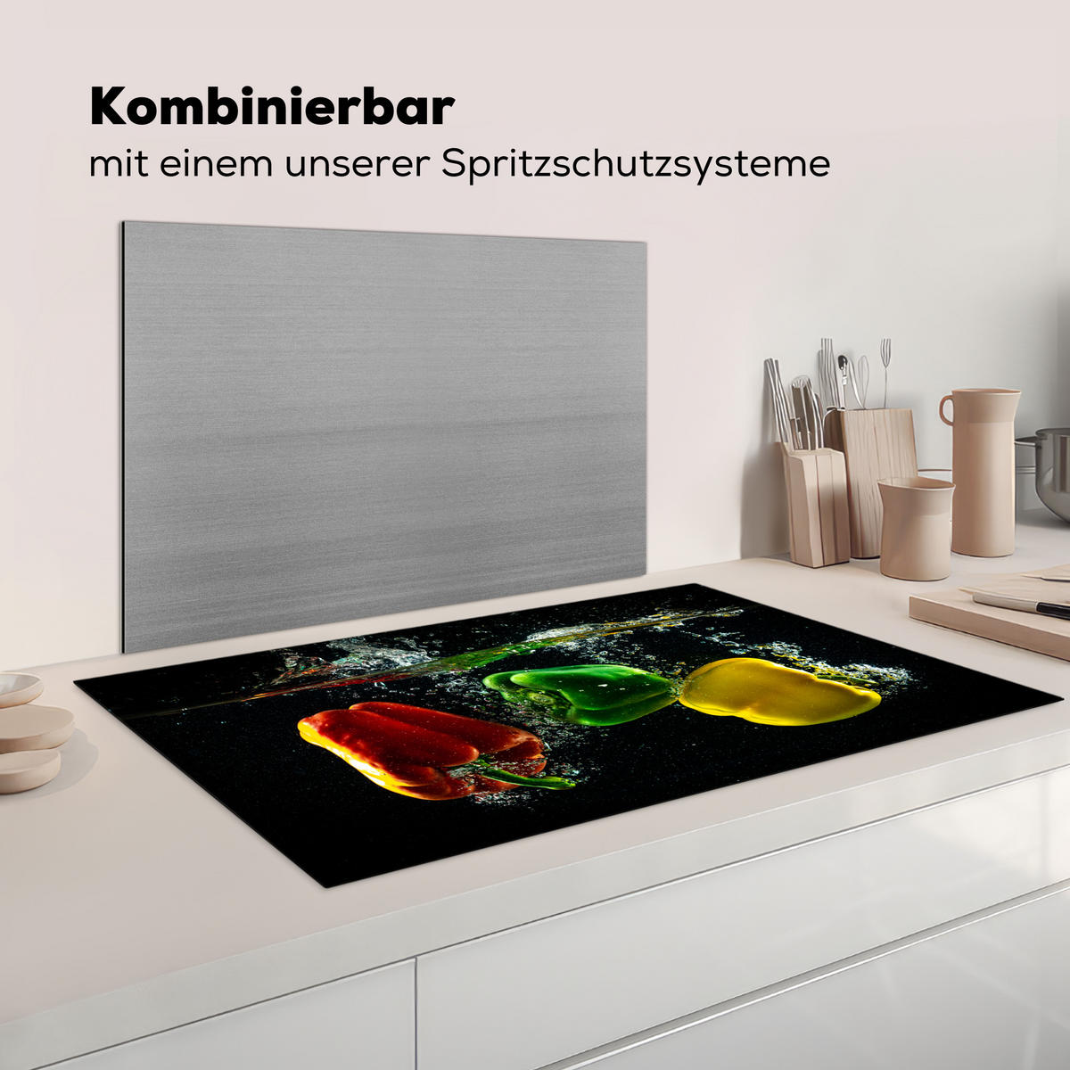 HERDABDECKPLATTE Paprika - Gemüse - Wasser - Schwarz - Rot - Grün - Gelb Induktionsschutz 91.2x52 cm - Multicolor, Kunststoff (91.2/52/0.2cm) - MuchoWow