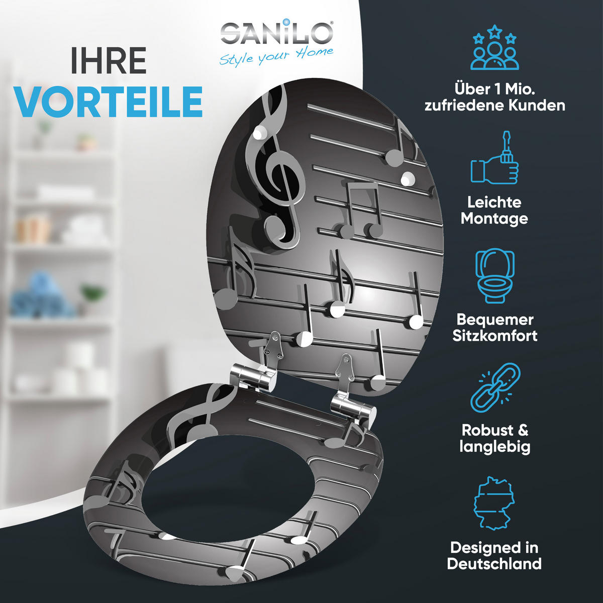 WC-SITZ Absenkautomatik Musical Notes - Grau, Holzwerkstoff (38/6/47cm) - Sanilo