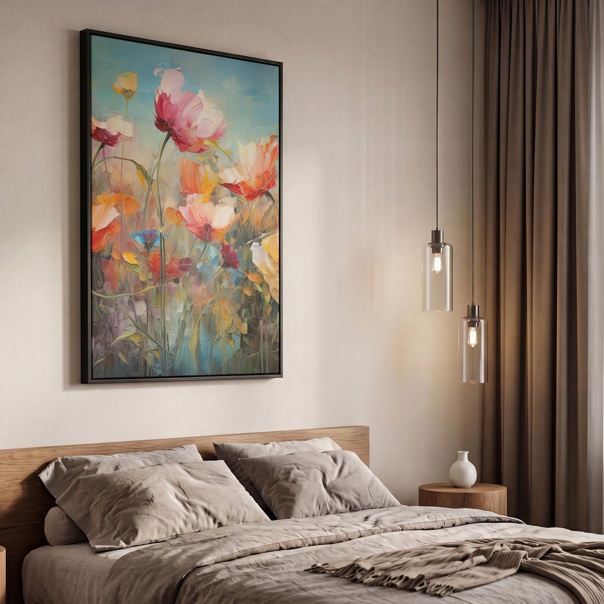 LEINWAND Bilder mit Rahmen - Blumen - Aquarell - Kunst - Botanisch - Natur - 60x90 - Orange, Textil (60/90cm) - MuchoWow