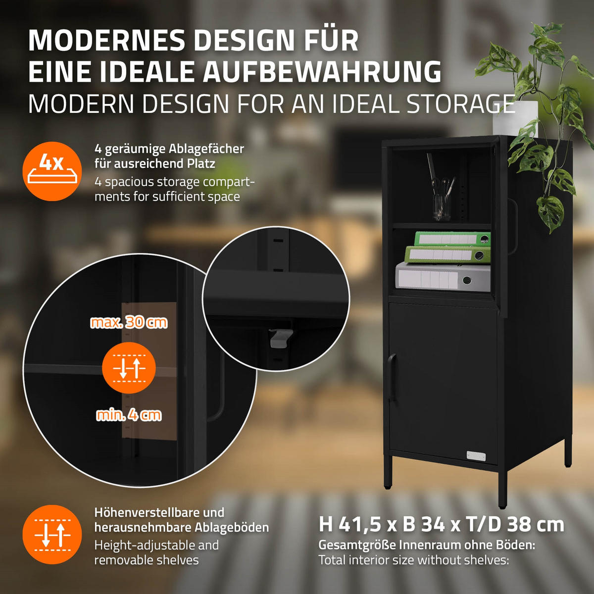 AKTENSCHRANK 40x101,5x40 cm Schwarz aus Stahl mit 2 Türen - Schwarz, Metall (40/101.5/40cm) - ML-DESIGN