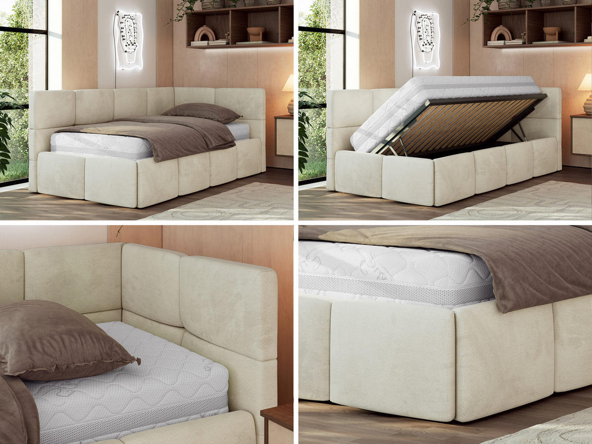 JUGENDBETT ARVO 90/200 - Beige Velvet - Multipocket-Matratze - Rechts Seite - Beige, Textil (90/200cm) - MKS