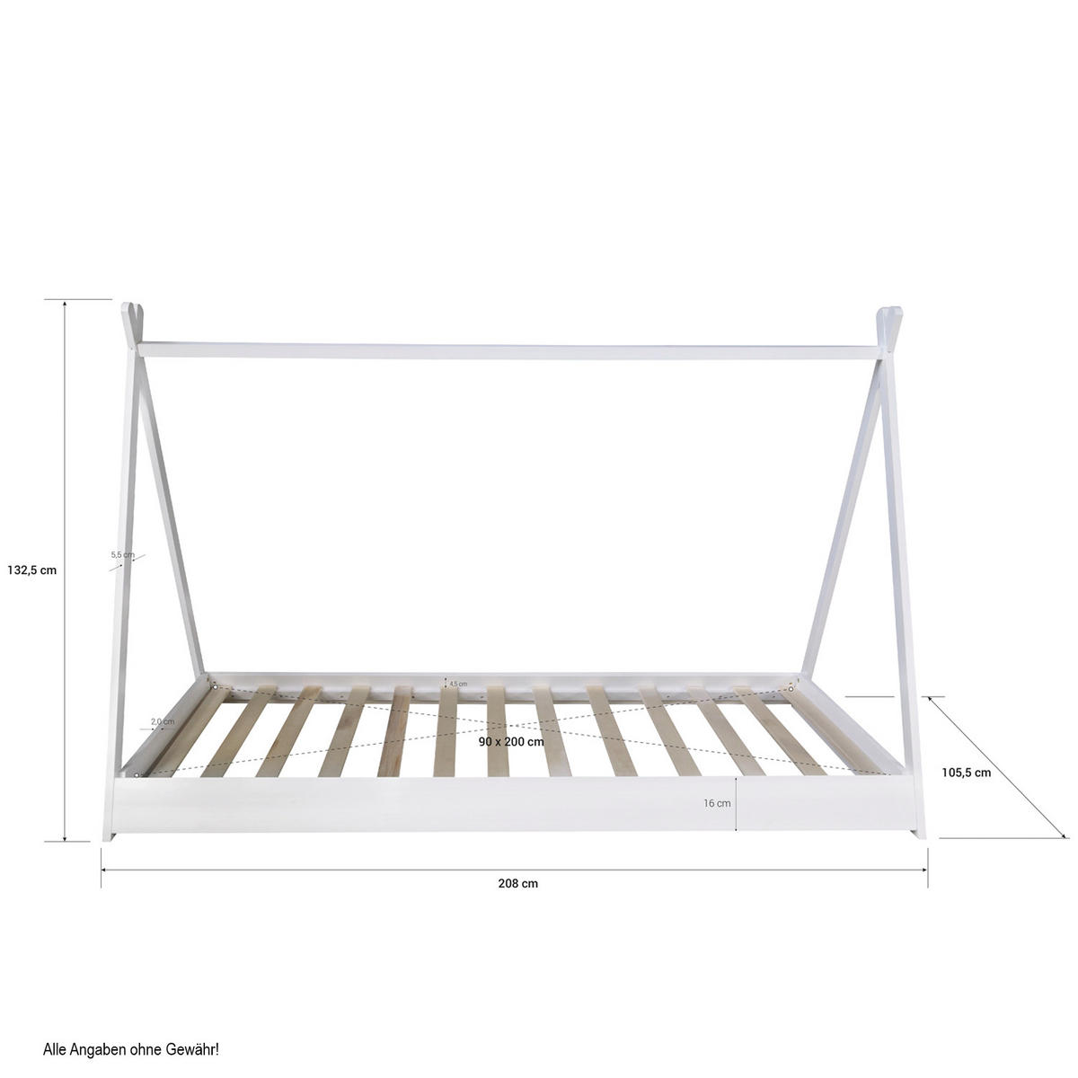KINDERBETT Tipibett mit Matratze 90/200 cm Weiß - Weiß, Holz (208/132/105cm) - Homestyle4u