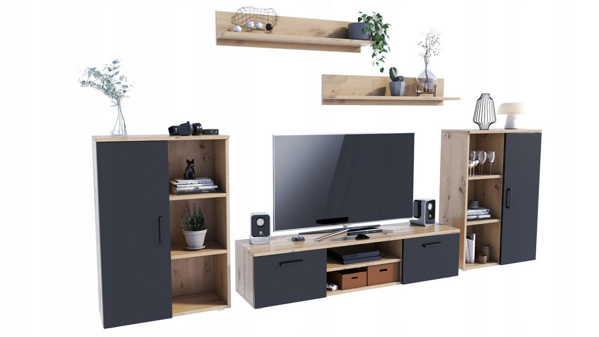 WOHNWAND Herkules, 5-teilig Artisan Eiche-Schwarz - Multicolor, Holzwerkstoff (150/35/40cm) - Matkam Möbel