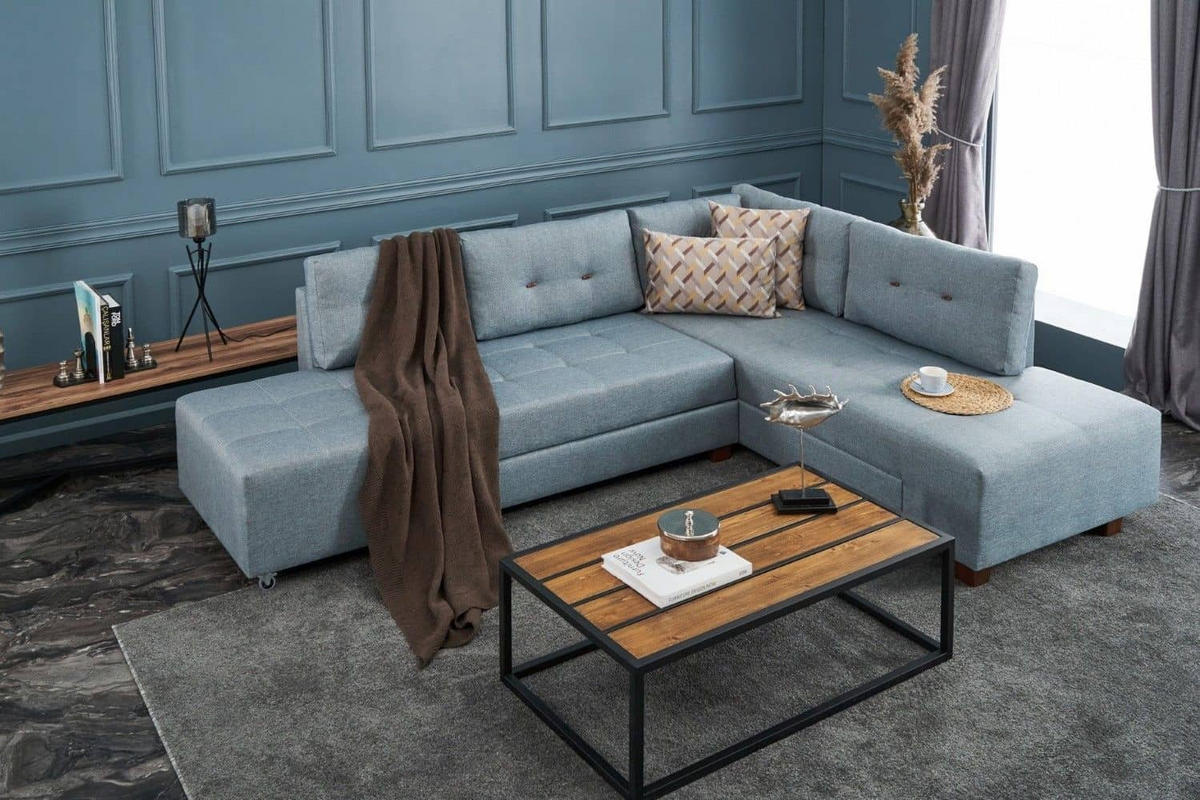 ECKSOFA mit rollbarer Schlaffunktion - Blau/Walnussfarben, Holzwerkstoff/Kunststoff (206/280cm) - myHomelando