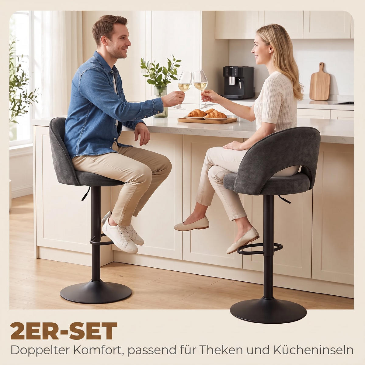 BARHOCKER 2er Set Chenille 100 Polyester Dunkelgrau - Dunkelgrau/Schwarz, Textil/Metall (48/110/49.5cm) - HOMCOM