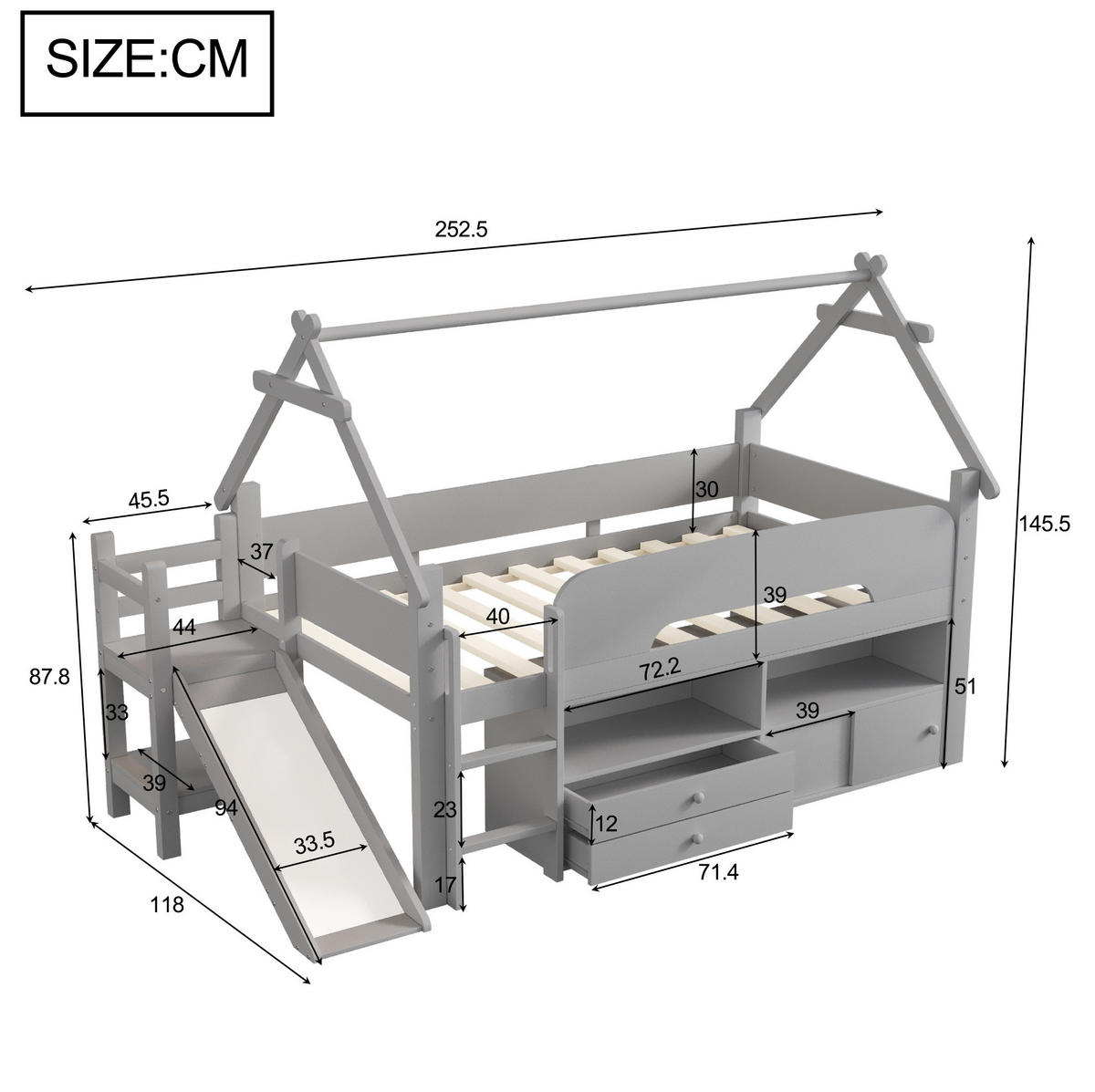 KINDEREINZELBETTEN aus Massivholz 90 x 200 cm in Grau mit Rutsche & Stauraum - Grau, Holz (90/200cm) - Modfu