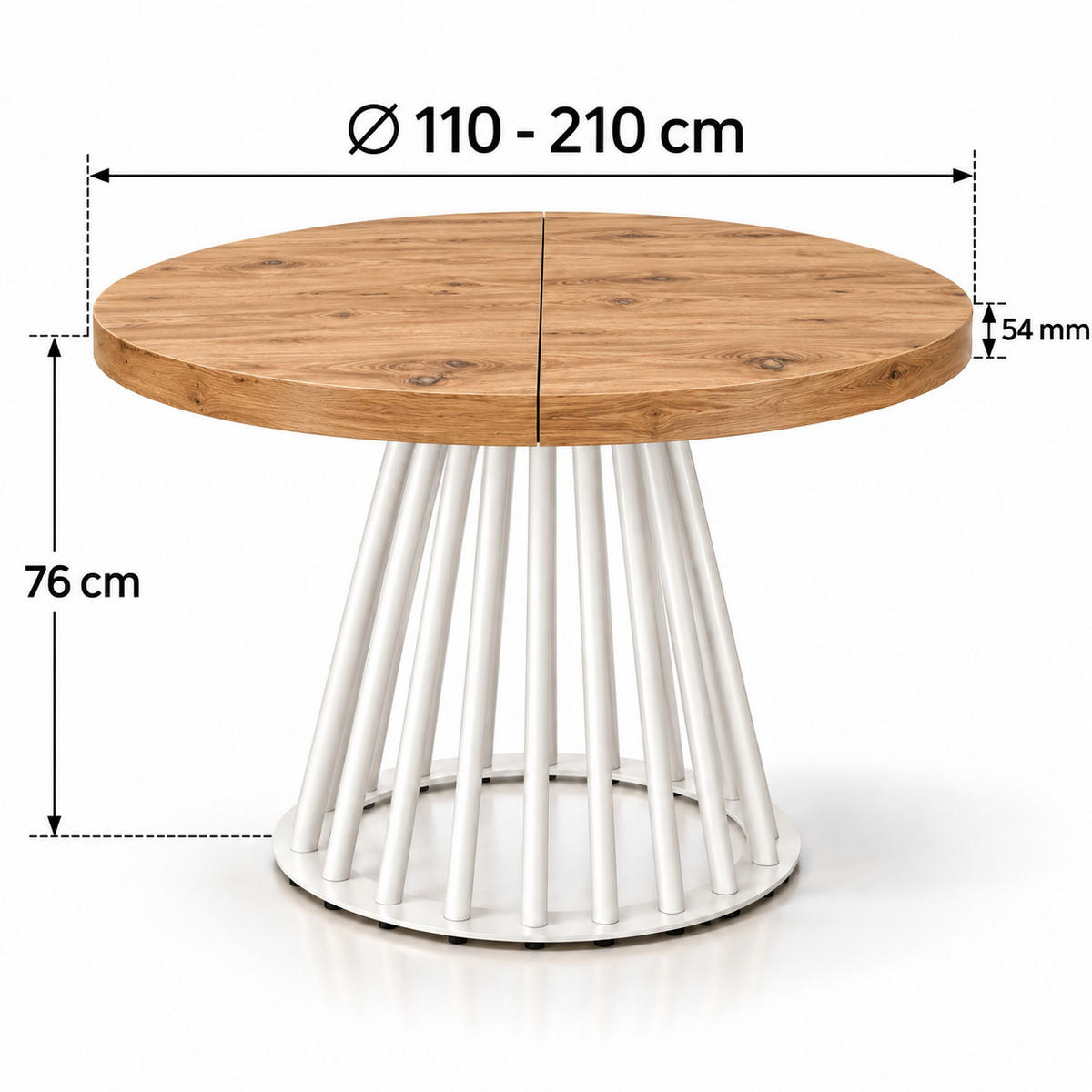 ESSTISCH rund ausziehbar 110/210/76 cm, Eiche Craft, 54 cm Tischplatte + Lamellen-Metallgestell Weiß - Eichefarben/Weiß, Holzwerkstoff/Metall (110/210/76cm) - Damale Möbel