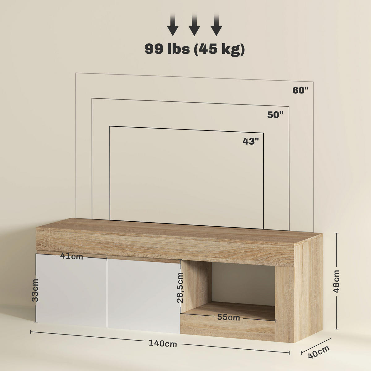 LOWBOARD Weiß/Natur 140/40/48 cm, 2 Türen, Soft-Close-Scharniere - Naturfarben, Holzwerkstoff (140/48/40cm) - PANGIVO