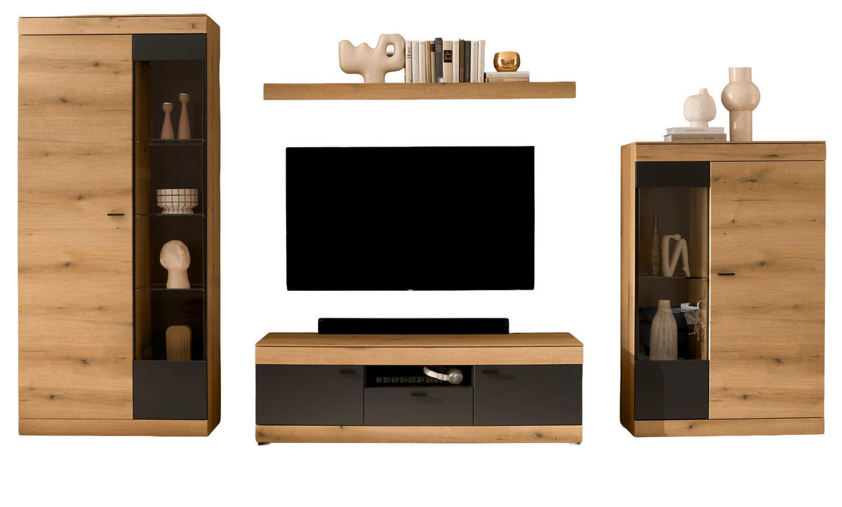 WOHNWAND Eiche, grau 350 cm 4-teilig, Wohnzimmer Set mit Soft-Close - Kaschmir/Eichefarben, Glas/Holzwerkstoff (350/201/45cm) - Furn.Design