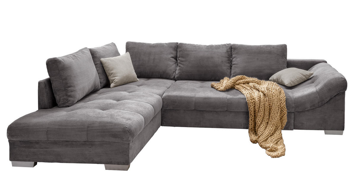 ECKSOFA mit Schlaffunktion, Wellenunterfederung, Ottomane links B298/T202/H84 cm, Liegefl. 154x227 cm, Cord Grau / 17202 - Beige/Silberfarben, Holz/Textil (298/202cm) - luma-home