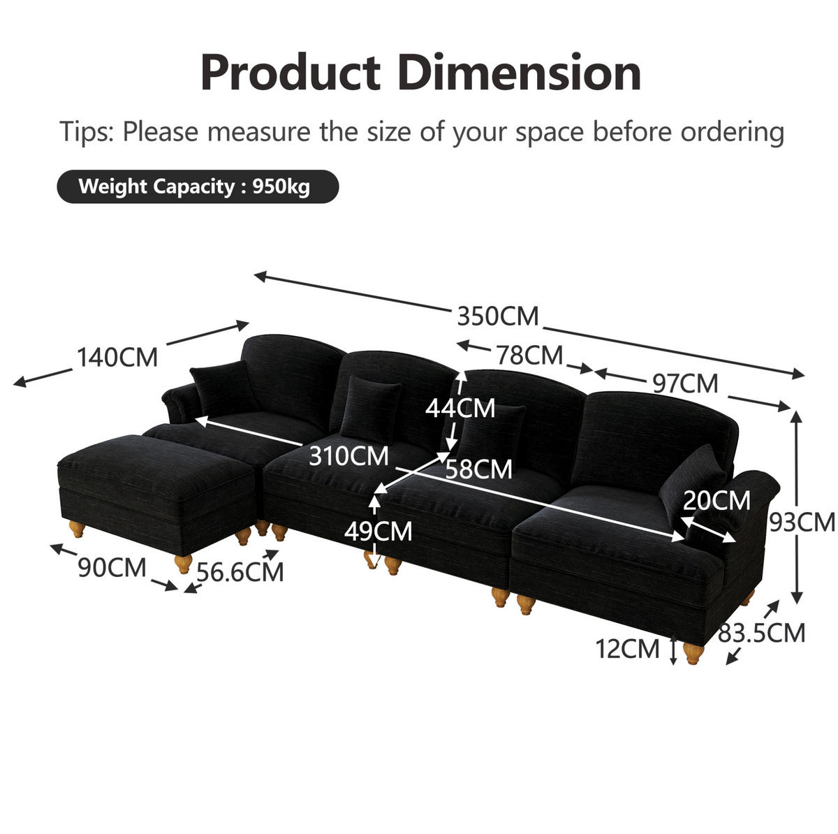ECKSOFA 350/140/93 cm schwarz aus Chenille mit Rüschenrock und beweglichem Hocker - Schwarz, Textil (140/350cm) - OKWISH