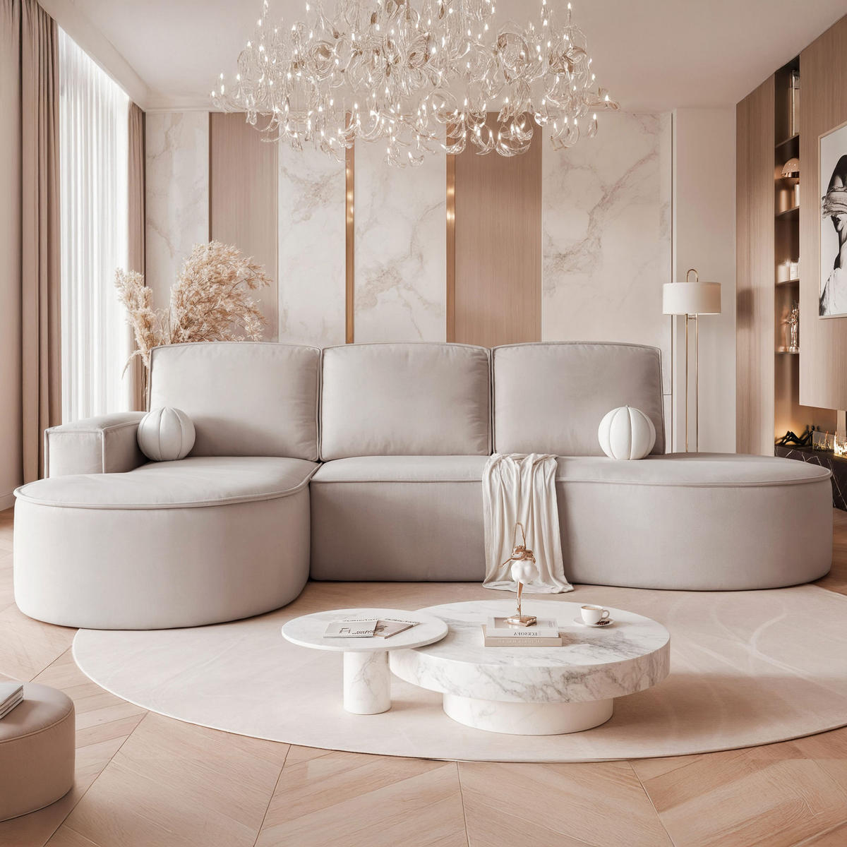 ECKSOFA SOFIA Veloursstoff in Beige - Beige, Holzwerkstoff/Kunststoff (210/157cm) - Idohome