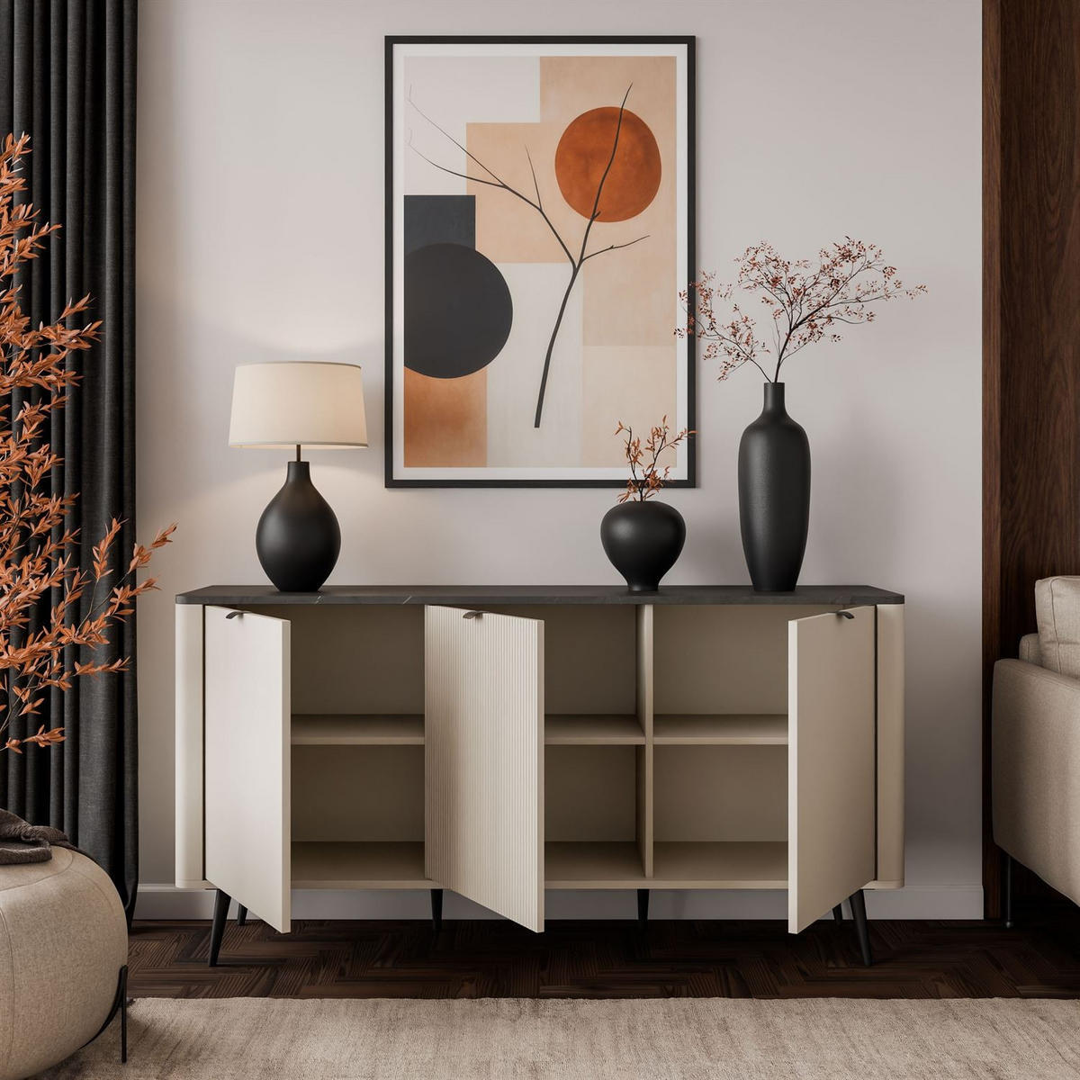 KOMMODE für das Schlafzimmer AUTUMN 3D mit geriffelter Front, Kaschmir / Grauer Stein - Beige, Holzwerkstoff (160/82/40cm) - Lookway