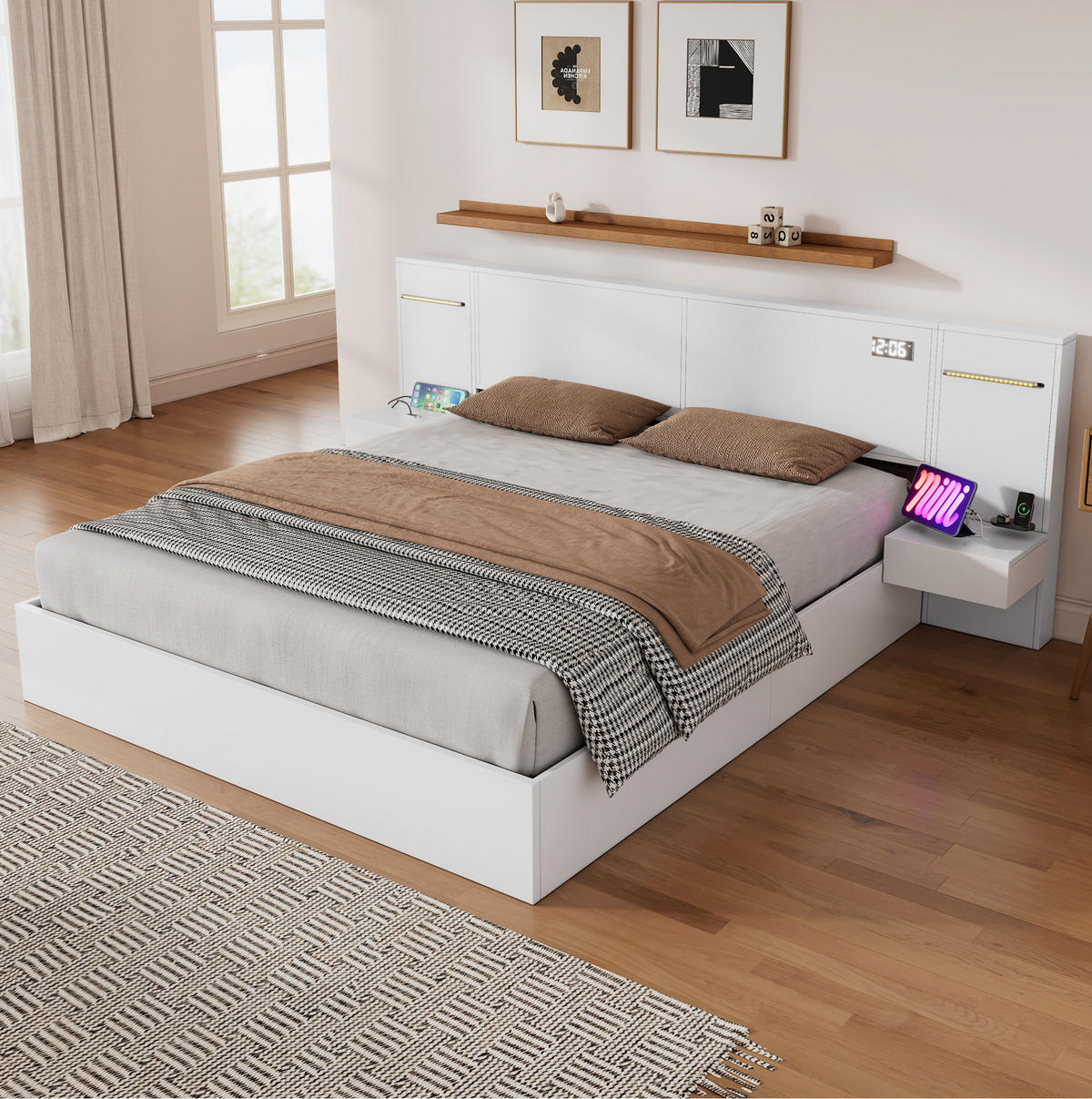 POLSTERBETT aus MDF 180x200 cm Weiß mit Bluetooth-Lautsprechern, USB-A/USB-C, LED-Farblichtleiste und 2 Nachttischen - Weiß, Holzwerkstoff (180/200cm) - Modfu