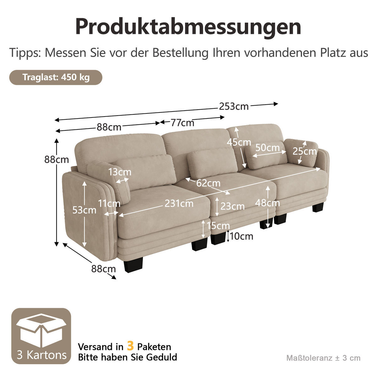 3-SITZER-SOFA Chenille mit Lenden- und Armkissen, DE-42686, Hellbraun - Hellbraun, Holz (253/88/88cm) - ComfortXL
