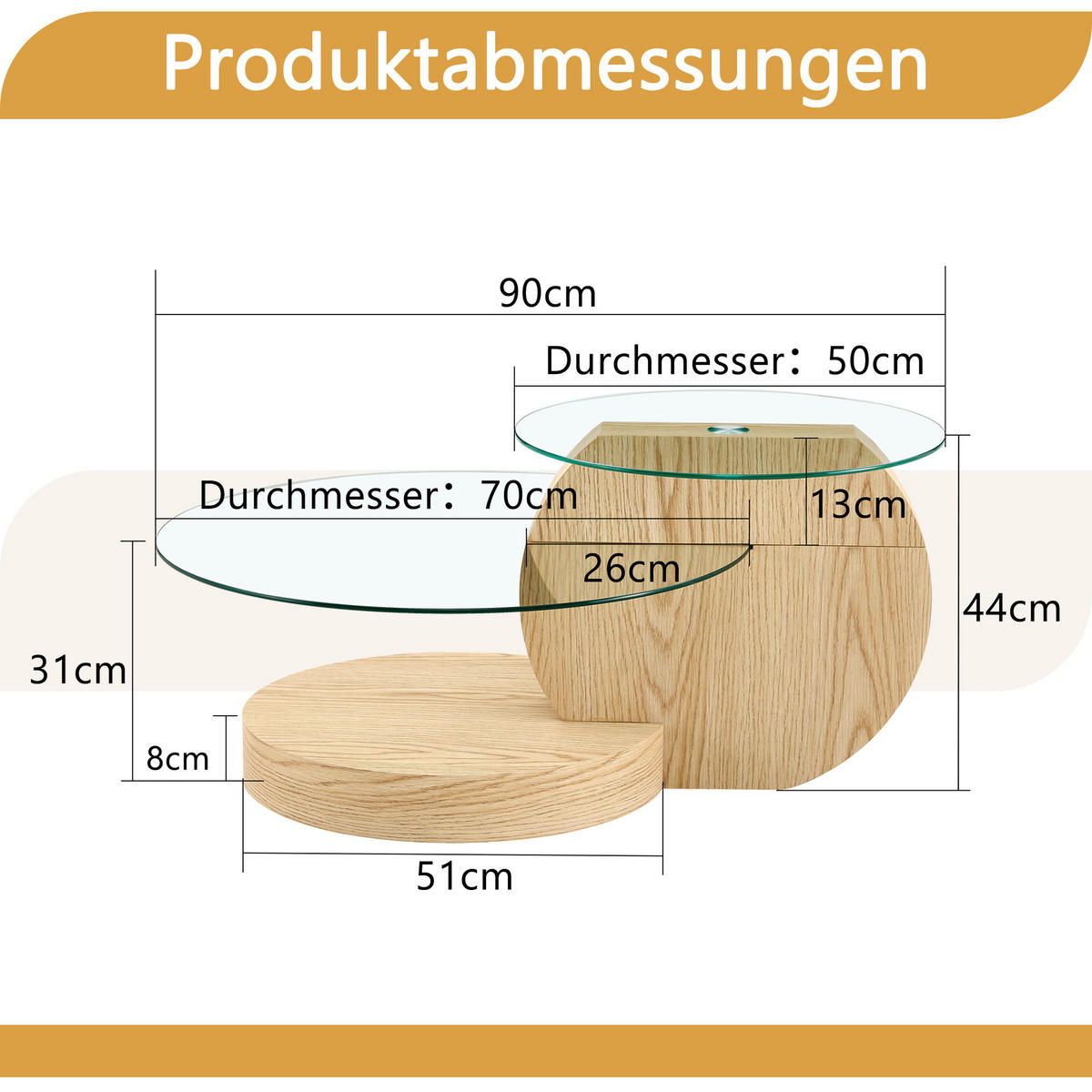 COUCHTISCH in Naturfarbe Wohnzimmertisch mit zwei Ebenen aus Sicherheitsglas für Wohnzimmer, B90/T70/H44 cm - Transparent/Naturfarben, Glas/Holzwerkstoff (90/90/44cm) - STILVORA
