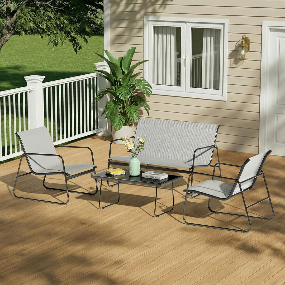 ECKSOFA Gartenmöbel Set 4tlg Schwarz Grau Loungeset - Dunkelgrau, Textil - Rattrix